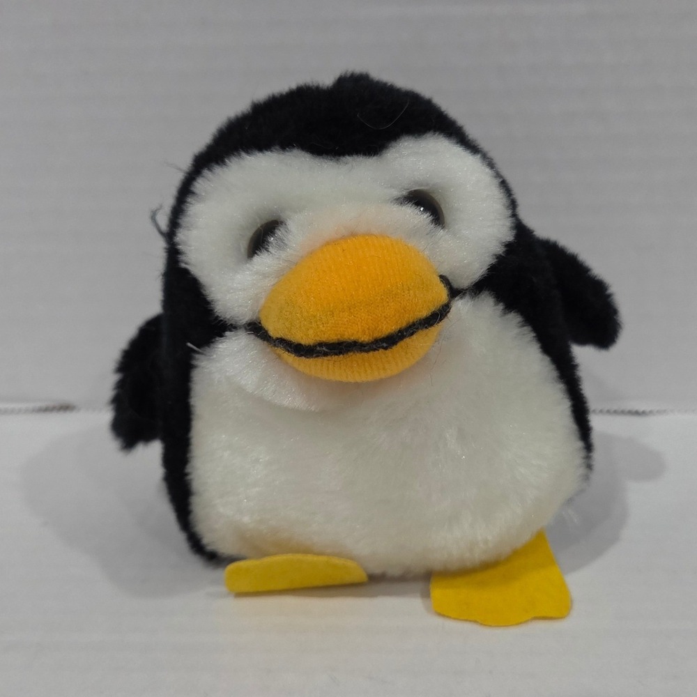 Vintage Penguin Plush Stuffed Animal Bird Black White Yellow Beak Round